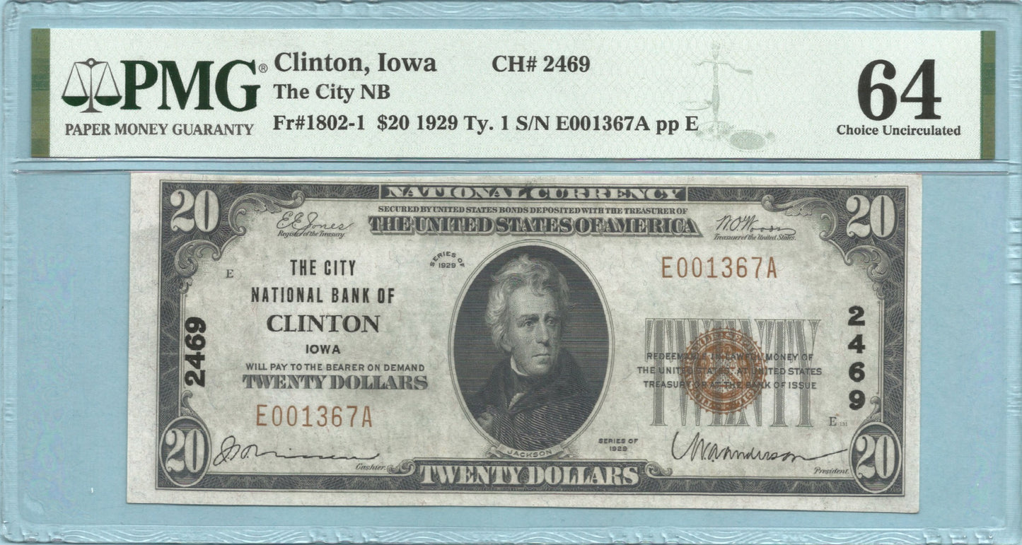$20 National Currency 1929-T1 - Ch#2469 - City NB, Clinton, IA - PMG 64