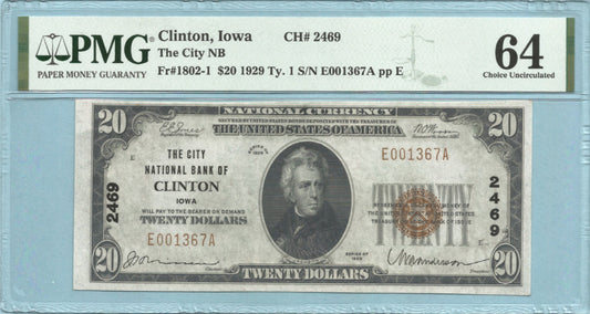$20 National Currency 1929-T1 - Ch#2469 - City NB, Clinton, IA - PMG 64