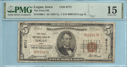 $5 National Currency 1929-T1 - Ch#6771 - 1st NB, Logan, IA - PMG 15