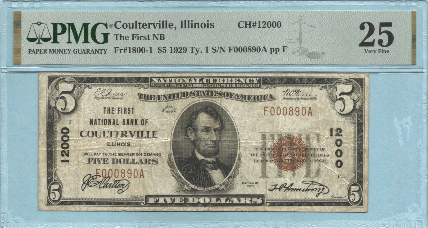$5 National Currency 1929-T1 - Ch#12000 - 1st NB, Coulterville, IL - PMG 20