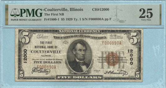 $5 National Currency 1929-T1 - Ch#12000 - 1st NB, Coulterville, IL - PMG 20