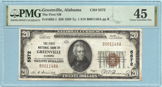 $20 National Currency 1929 T1 - Ch#5572 - 1st NB, Greenville, AL - PMG 45