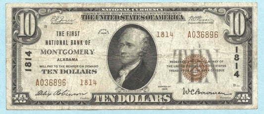 $10 National Currency 1929 - Type 2 - Ch#1814 - 1st NB, Montgomery, AL - VF+