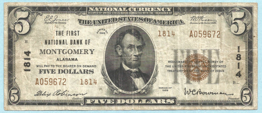 $5 National Currency 1929-T2 - Ch#1814 - 1st NB, Montgomery, AL - VF+