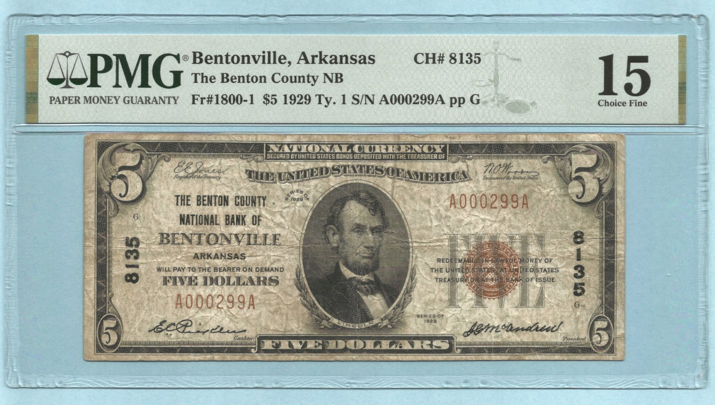 $5 National Currency 1929 T1 Ch#8135 Benton County NB, Bentonville, AR - PMG 15