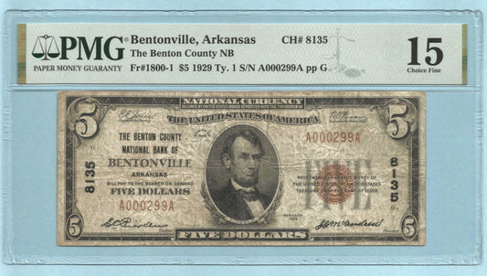 $5 National Currency 1929 T1 Ch#8135 Benton County NB, Bentonville, AR - PMG 15