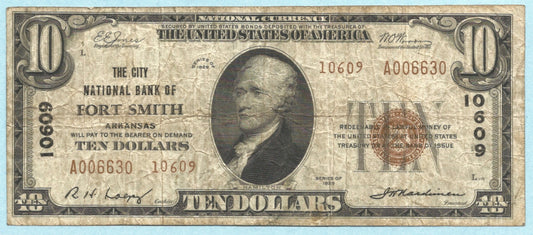 $10  National Currency 1929 T2 - Ch#10609 - City NB, Fort Smith, AR - VF