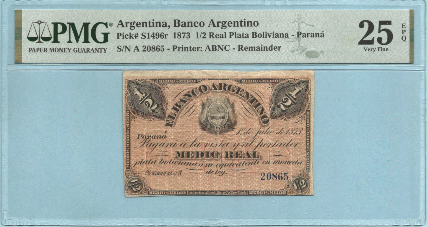 Argentina - Banco Argentino 1/2 Real - 1.7.1973 - P#S1496r - PMG 25 EPQ