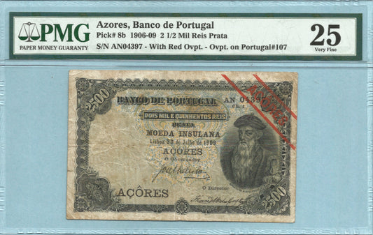 Azores 2-1/2 Mil Reis Prata - 30.7.1909 - P#8b - PMG 25