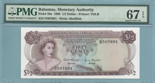 Bahamas 1/2 Dollar - L.1968 - P#26a - PMG 67 EPQ
