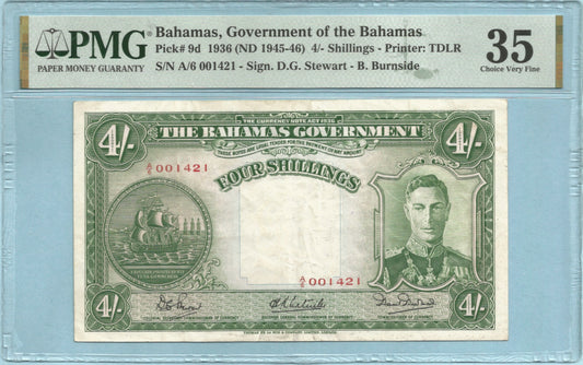 Bahamas 4 Shillings - 1936(ND 1945-46) - P#9d - PMG 35