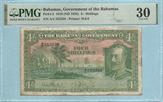 Bahamas 4 Shillings - L.1919(1930) - P#5	- PMG 30 Stains