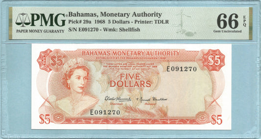 Bahamas 5 Dollars - L. 1968 - P#29a - PMG 66 EPQ