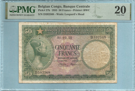 Belgian Congo 50 Francs - 1.3.1955 - P#27b - PMG 20