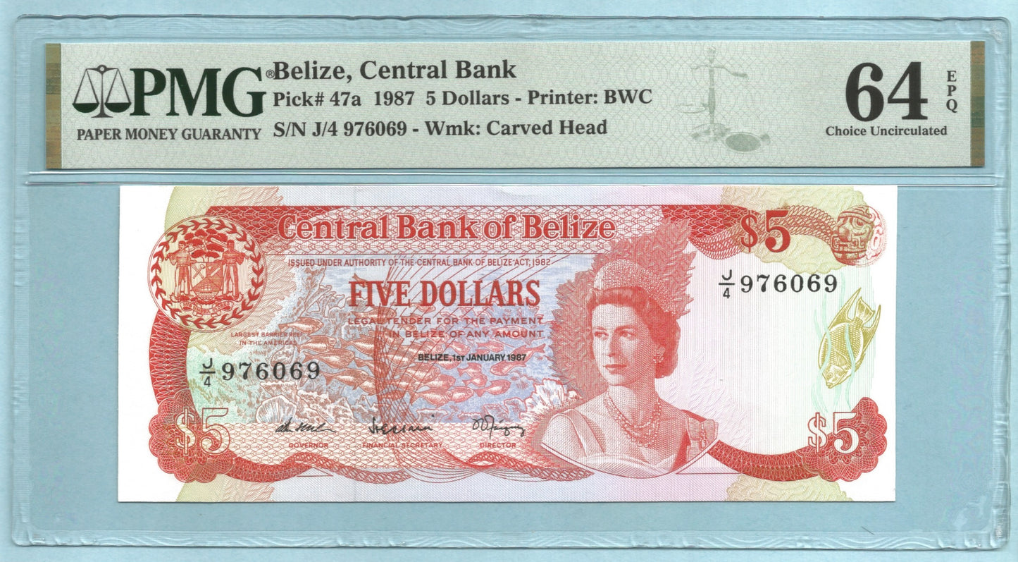 Belize 5 Dollars 1.1.1987 - P#47a - PMG 64 EPQ