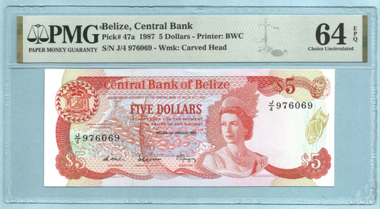 Belize 5 Dollars 1.1.1987 - P#47a - PMG 64 EPQ