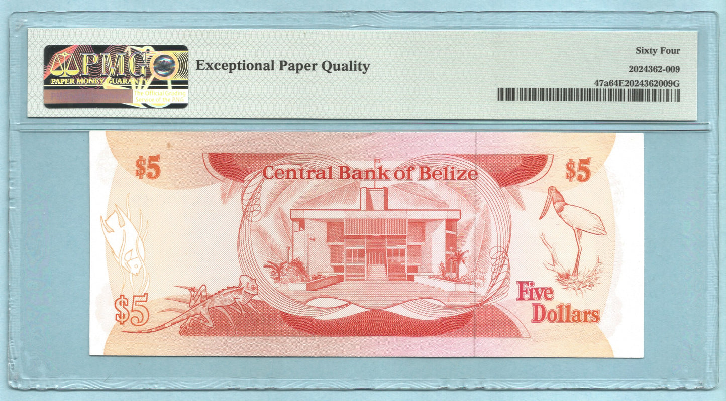 Belize 5 Dollars 1.1.1987 - P#47a - PMG 64 EPQ
