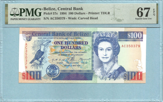 Belize 100 Dollars - 1.5.1994 - P#57c - PMG 67 EPQ