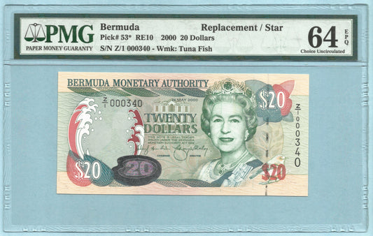 Bermuda $20 24.5.2000 P#53* PMG 64 EPQ - LOW S/N Z/1 000340 - REPLACEMENT NOTE