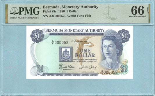 Bermuda Dollar - 1.1.1986 - P#28c - PMG 66 EPQ - Serial# A/8 000052