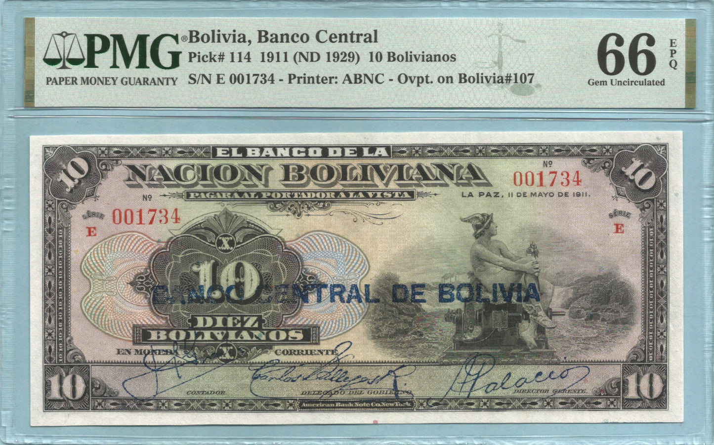 Bolivia 10 Bolivianos 1911(ND 1929) - P#114 - PMG 66 EPQ