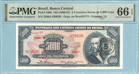 Brazil 5 Cruzieros Novo on 5000 Cruzieros - ND(1966-67) - P#188b - PMG 66 EPQ