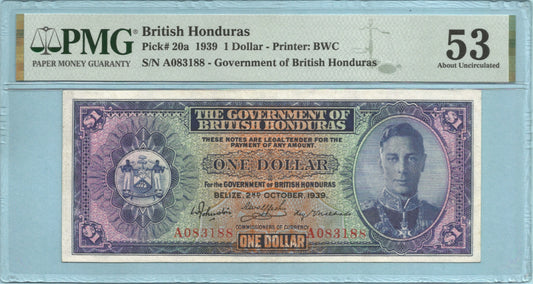 British Honduras Dollar 2.10.1939 - P#20a - PMG 53