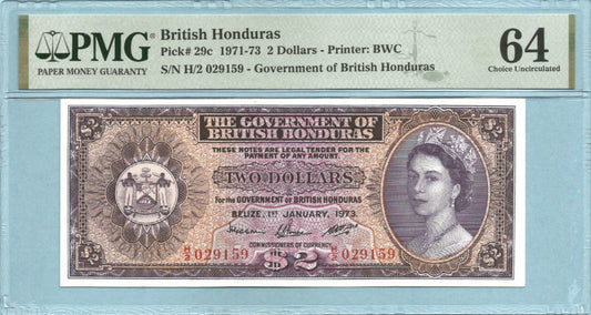 British Honduras 2 Dollars - 1.1.1973 - P#29c - PMG 64
