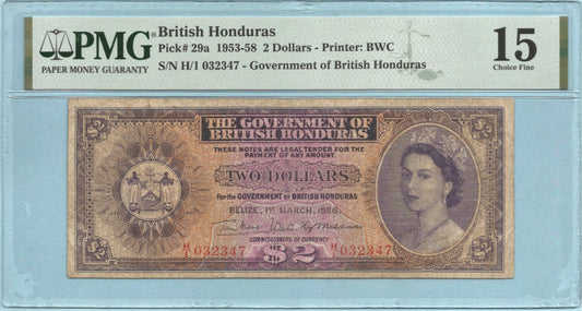 British Honduras 2 Dollars - 1.3.1956 - P#29a - PMG 15