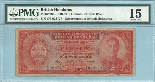 British Honduras 5 Dollars - 1.2.1952 - P#26b - PMG 15