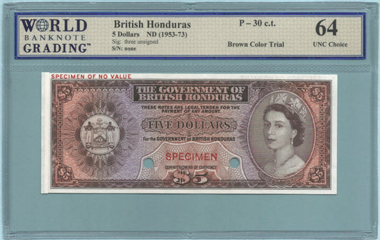 British Honduras 5 Dollars - ND(1953-73) - P#30ct - COLOR TRIAL - WBG 64 - White Tape Left Edge