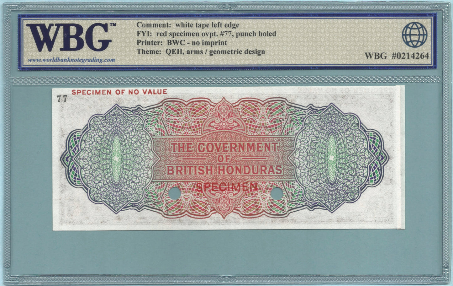 British Honduras 5 Dollars - ND(1953-73) - P#30ct - COLOR TRIAL - WBG 64 - White Tape Left Edge