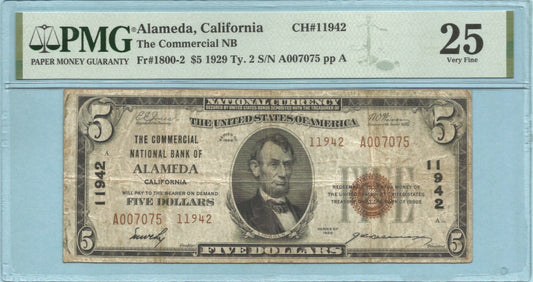 $5 National Currency 1929-T2 - Ch#11942 - Commercial NB, Alameda, CA - PMG 25