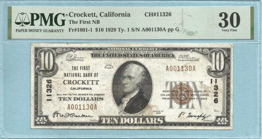 $10 National Currency 1929-T1 Ch#11326 1st NB, Crockett, CA PMG 30