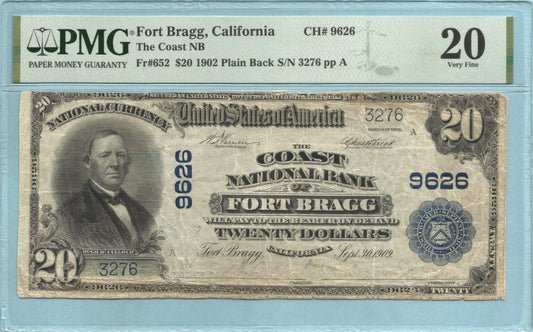 $20 National Currency 1902-PB Ch#9626 - Coast National Bank, Fort Bragg, CA - PMG 20