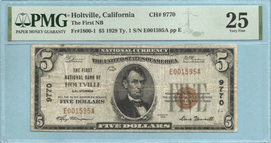 $5 National Currency 1929-T1 Ch#9770 - 1st National Bank, Holtville, CA - PMG 25