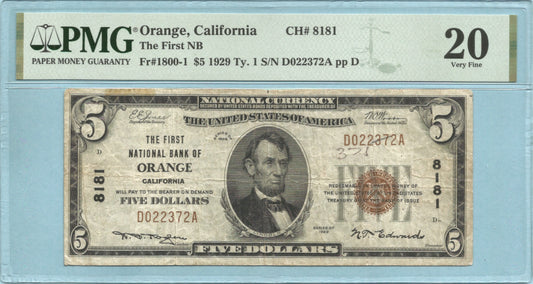 $5 National Currency 1929-T1 - Ch#8181 - 1st NB, Orange, CA - PMG 20