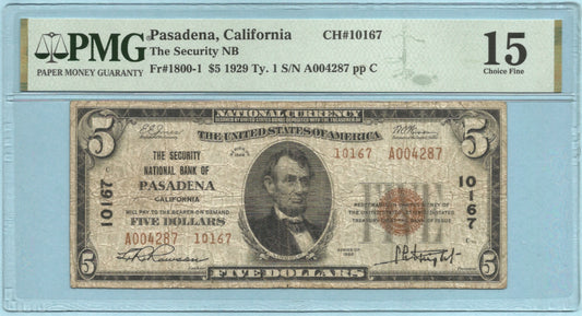 $5 National Currency 1929-T2 - Ch#10167 - Security NB, Pasadena, CA - PMG 15