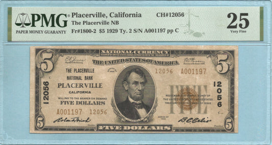 $5 National Currency 1929-T2 - Ch#12056 - Placerville NB, Placerville, CA - PMG 25