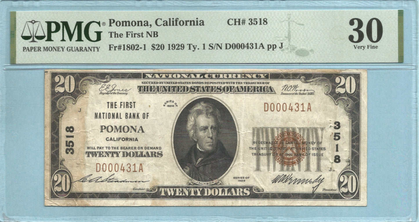 $20 National Currency 1929-T1 - Ch#3518 - 1st NB, Pomona, CA - PMG 30