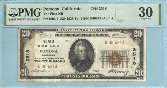 $20 National Currency 1929-T1 - Ch#3518 - 1st NB, Pomona, CA - PMG 30
