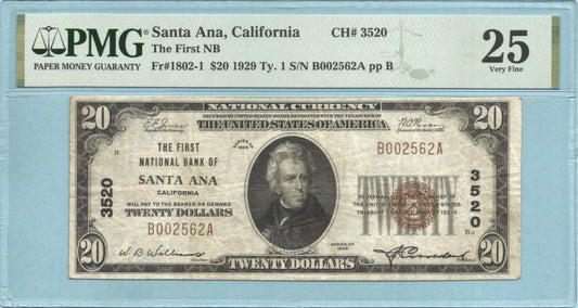 $20 National Currency 1929-T1 - Ch#3520 - 1st NB, Santa Ana, CA - PMG 25