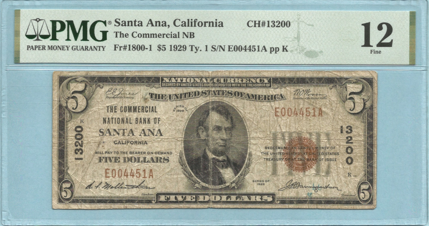 $5 National Currency 1929-T1 - Ch#13200 - Commercial NB, Santa Ana, CA - PMG 12