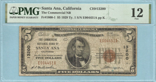 $5 National Currency 1929-T1 - Ch#13200 - Commercial NB, Santa Ana, CA - PMG 12