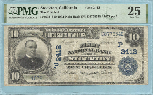 $10 National Currency 1902-PB Ch#2412 - 1st National Bank, Stockton, CA - PMG 25