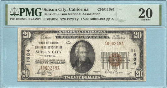 $20 National Currency 1929-T1 Ch#11684 B of Suisun NA, Suisun City, CA - PMG 20
