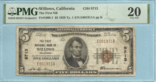 $5 National Currency 1929-T1 - Ch#9713 - 1st NB, Willows, CA - PMG 20