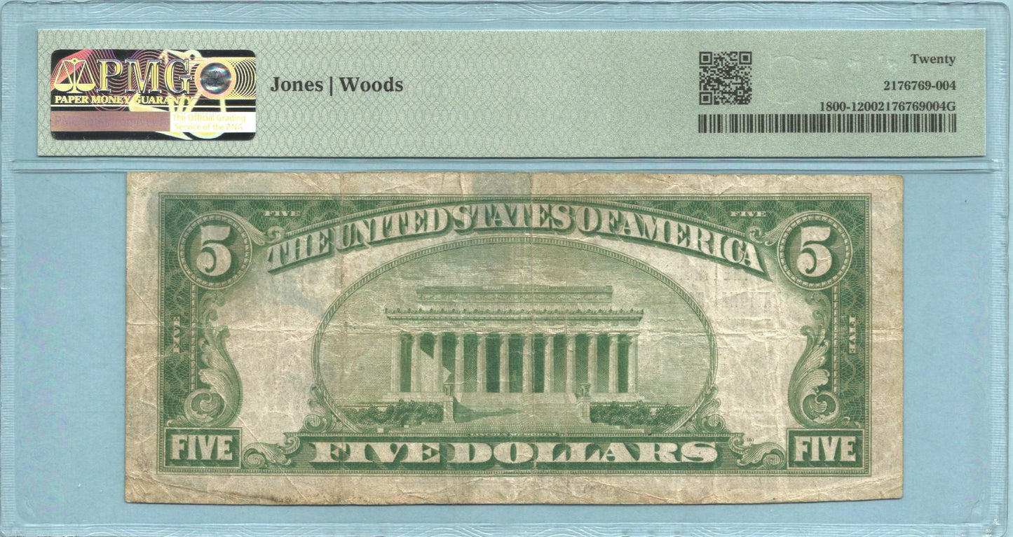 $5 National Currency 1929-T1 - Ch#9713 - 1st NB, Willows, CA - PMG 20