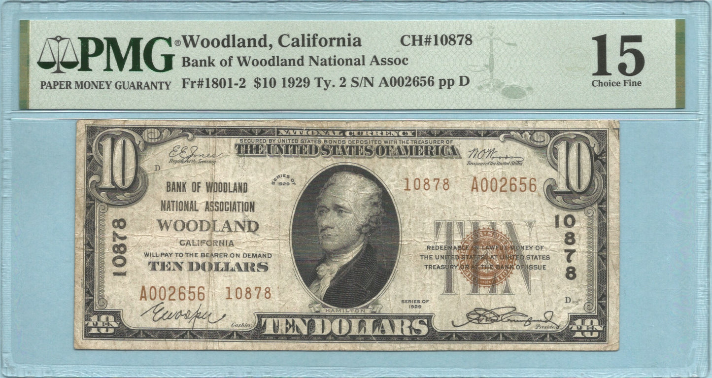 $10 National Currency 1929-T2 - Ch#10878 - Bank of Woodland NA, Woodland, CA - PMG 15