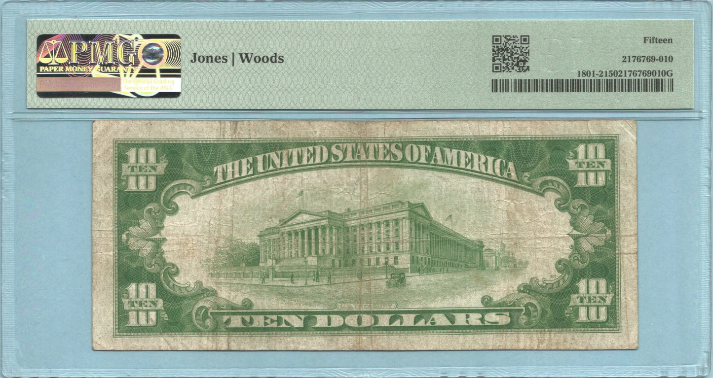 $10 National Currency 1929-T2 - Ch#10878 - Bank of Woodland NA, Woodland, CA - PMG 15